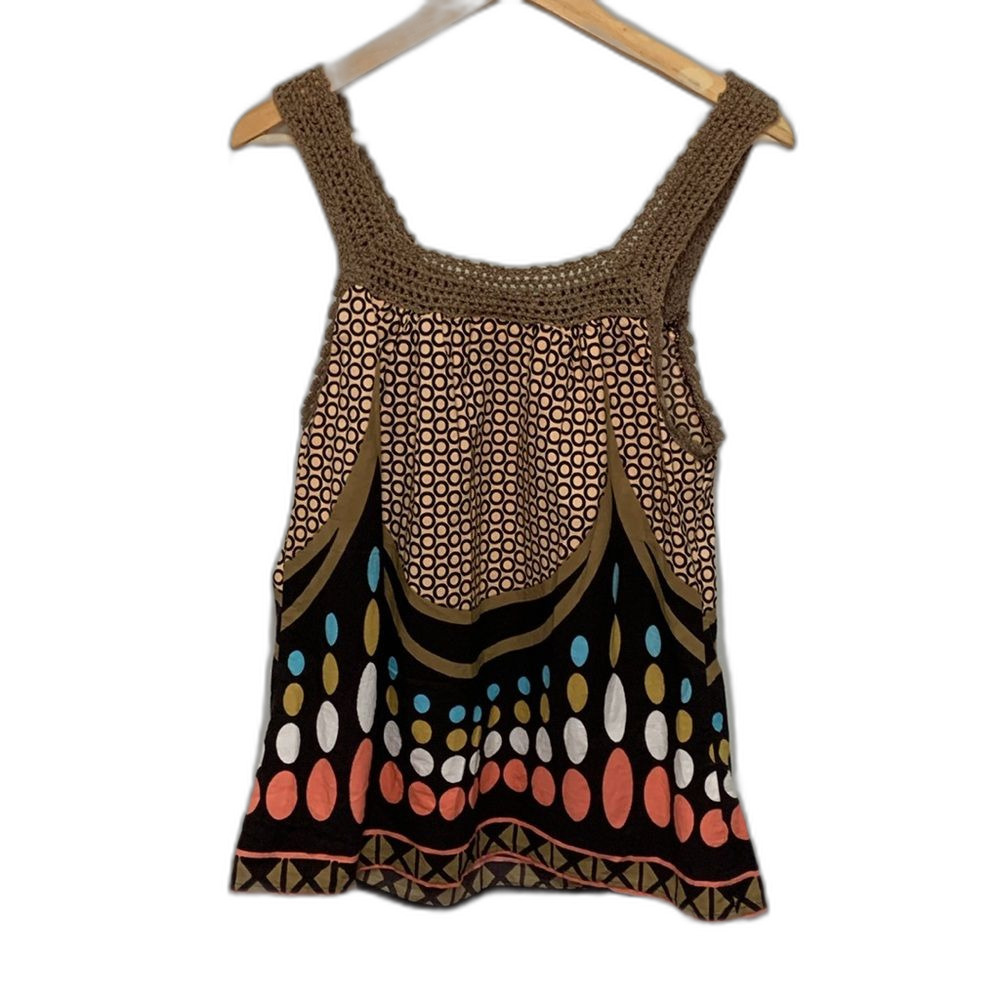 VTG Blue Plate Women's Brown Crochet Strap Dot Print Sleeveless Tank Top L - Picture 4 of 10